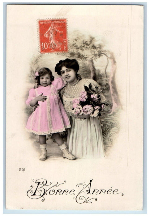 c1910's New Year Bonne Annee Mother And Daughter Flowers RPPC Photo Postcard