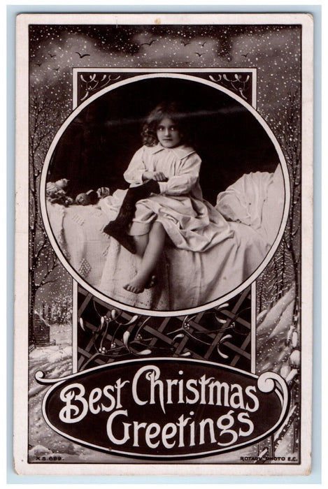 c1910's Best Christmas Greetings Little Girl Holding Stocking Antique Postcard