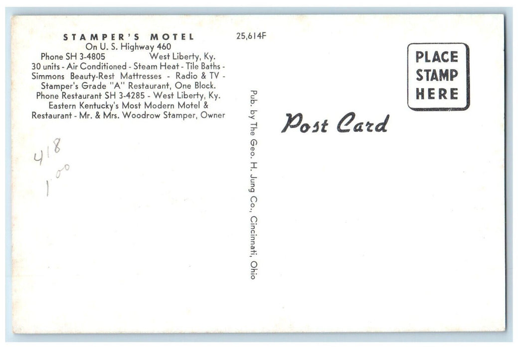 c1940 Stamper's Motel Highway Exterior Building West Liberty Kentucky Postcard