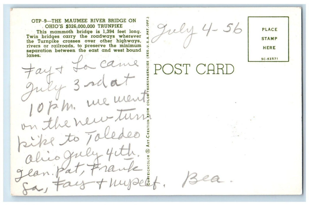 1960 Maumee River Bridge Ohio Turnpike Ohio OH Vintage Antique Unposted Postcard