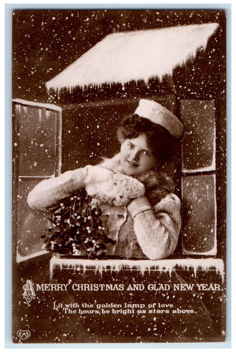 Merry Christmas And Glad New Year Woman On Window Snowfalls RPPC Photo Postcard