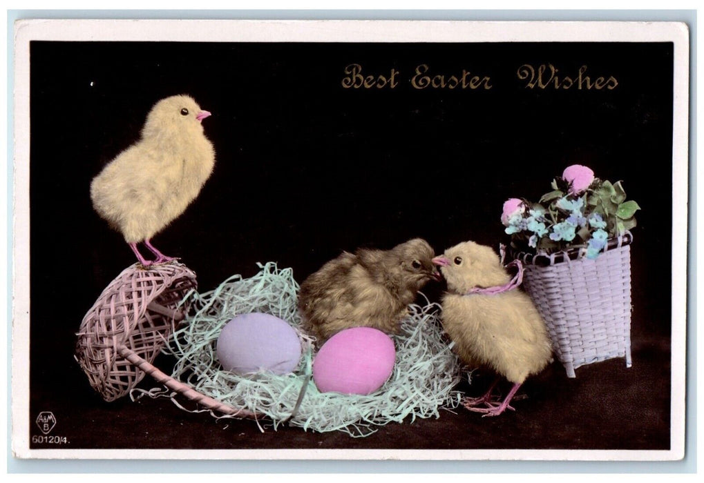 1912 Best Easter Wishes Chicks Eggs Nest Flowers In Basket RPPC Photo Postcard