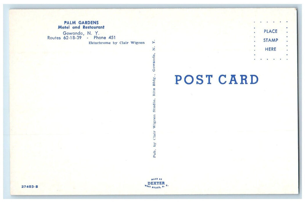 c1960 Palm Gardens Motel Restaurant Exterior Building Gowanda New York Postcard