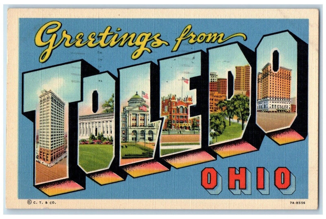 c1948 Greetings From Toledo Ohio OH Banner Large Letter Vintage Antique Postcard