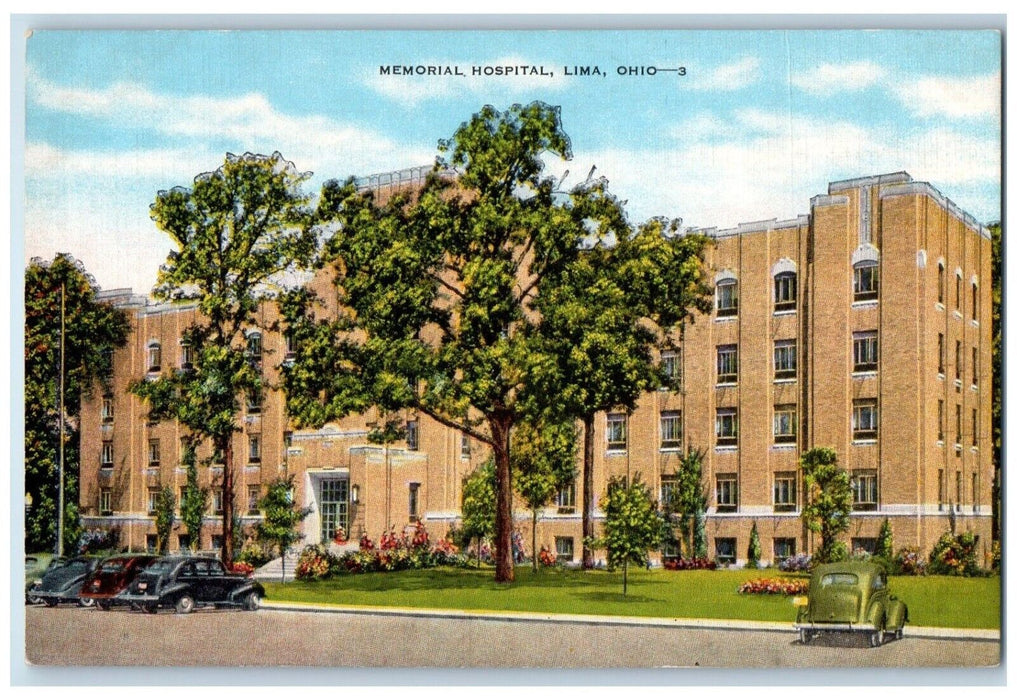 c1940 Exterior View Memorial Hospital Building Classic Car Lima Ohio OH Postcard