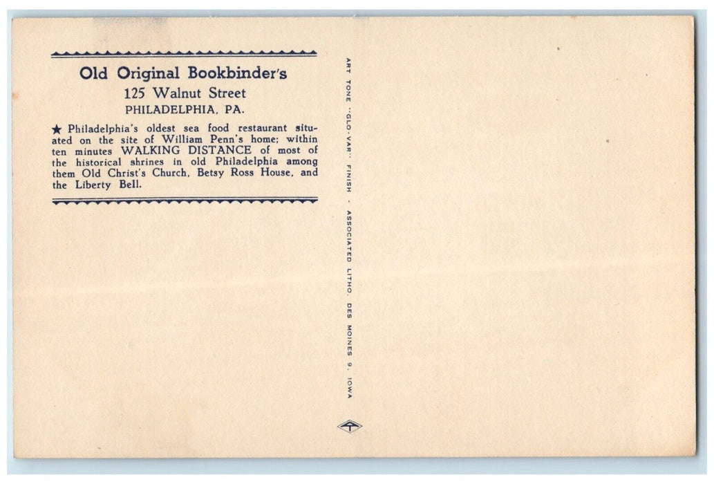 c1940 Old Original Bookbinder Restaurant Philadelphia Pennsylvania PA Postcard