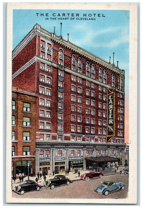 c1940 Exterior View Carter Hotel Building Cars Heart Cleveland Ohio OH Postcard