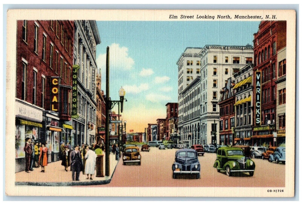c1940 Elm Street Looking North Classic Cars Manchester New Hampshire NH Postcard