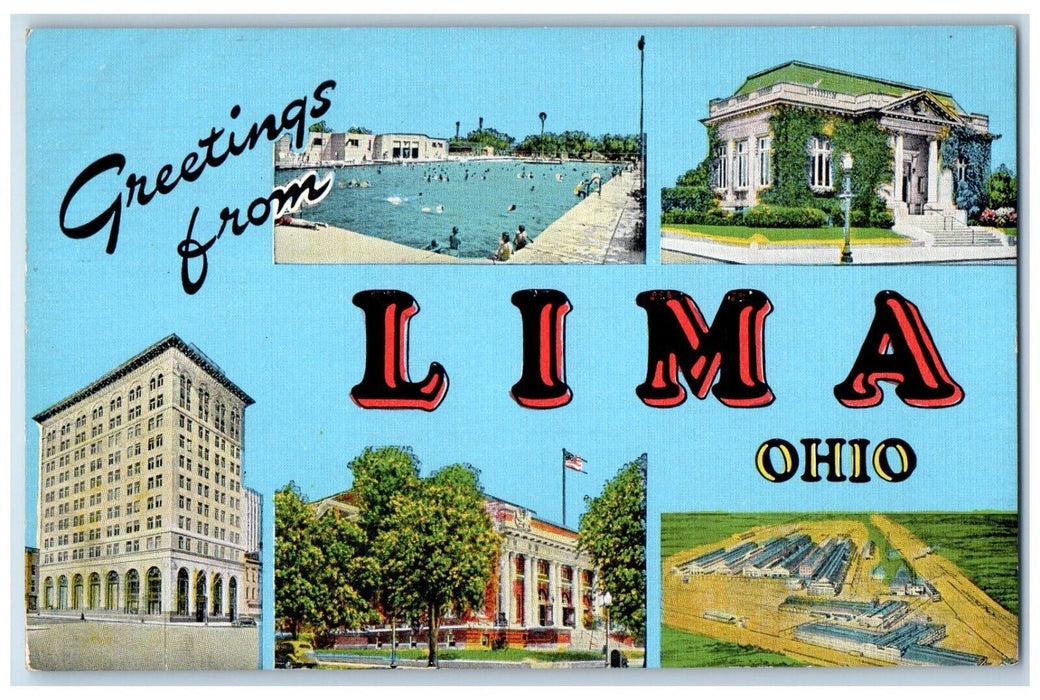 c1940 Greetings From Lima Ohio Large Letter Multi-View Vintage Antique Postcard