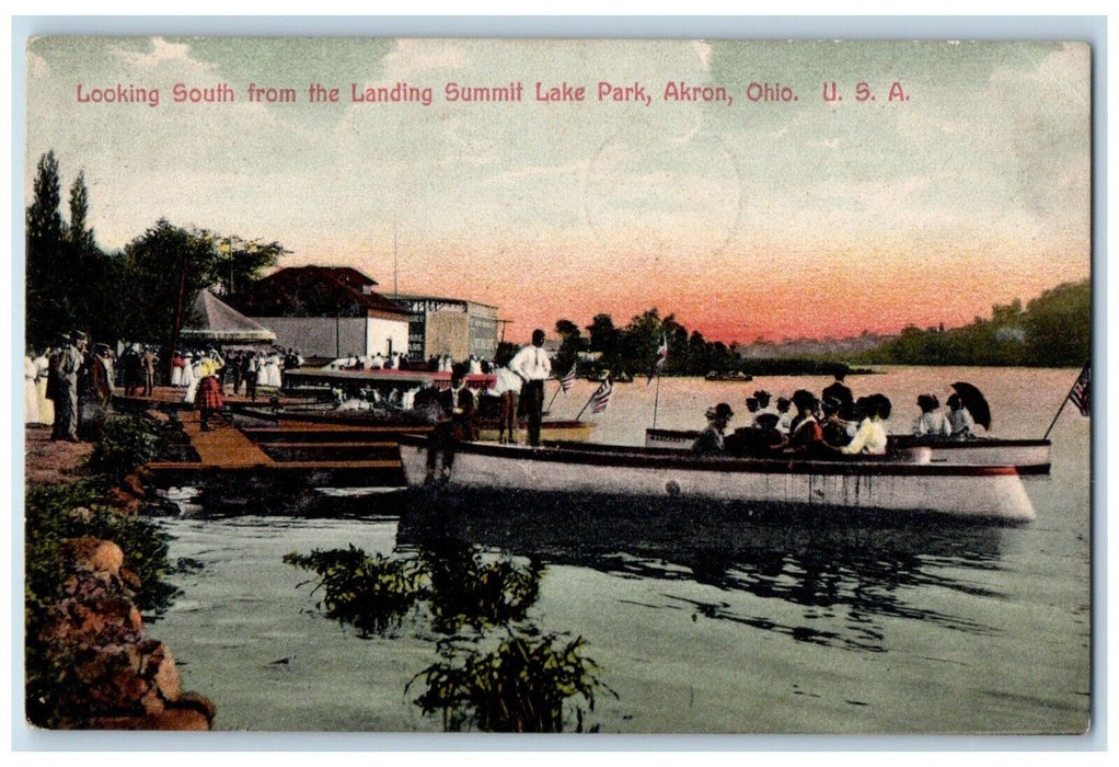 1909 Canoeing Boat Looking South Landing Summit Lake Park Akron Ohio OH Postcard