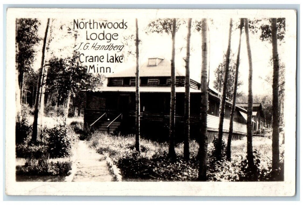 1936 Northwoods Lodge View J.G. Handberg Crane Lake MN RPPC Photo Postcard