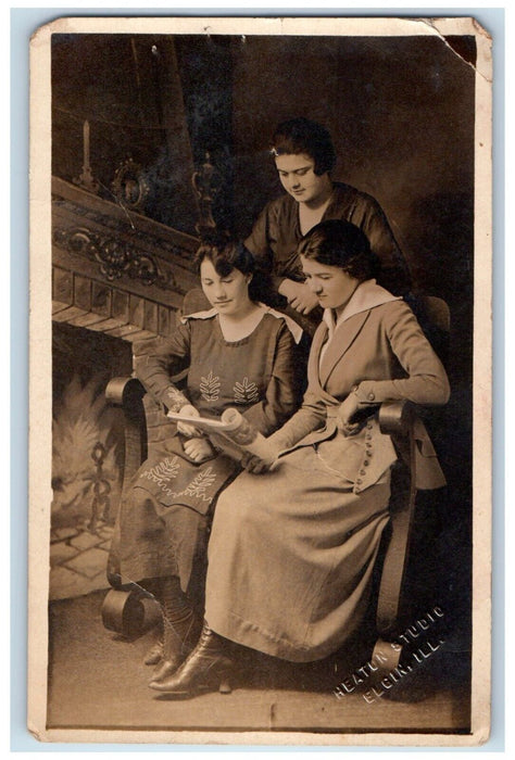 c1910's Girls Reading Book Heaton Studio Elgin Illinois IL RPPC Photo Postcard
