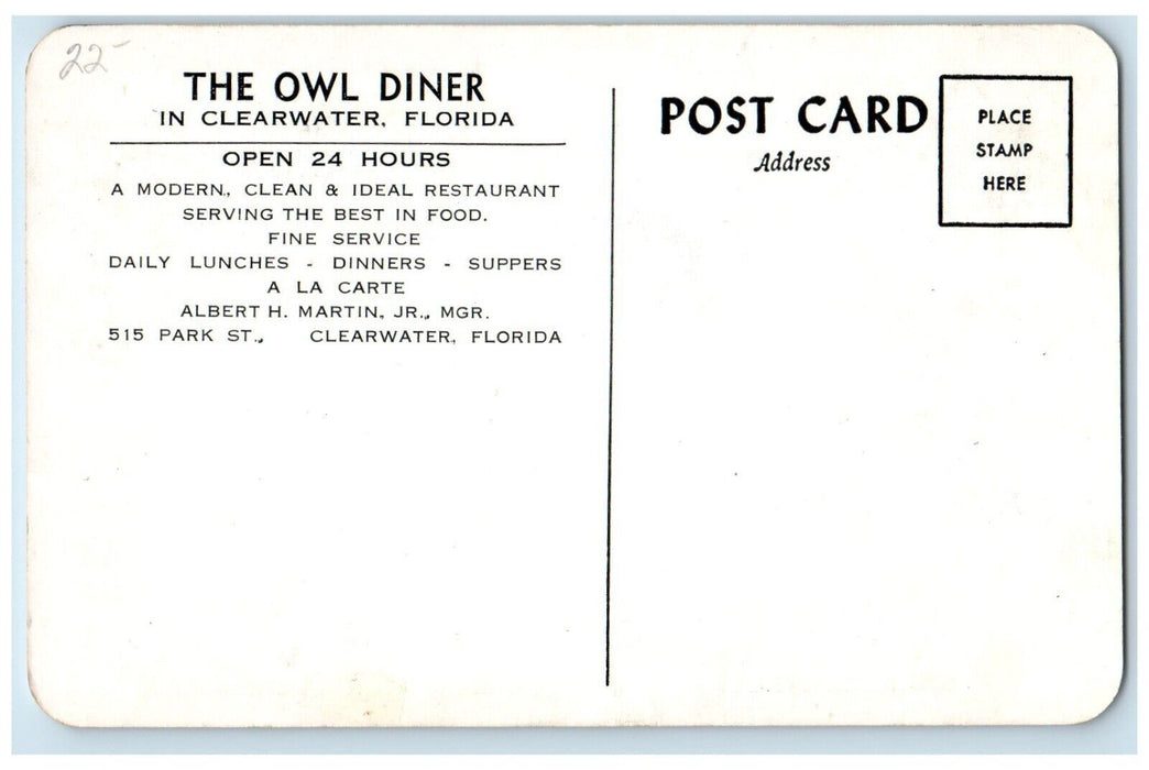 The Owl Diner Restaurant Scene Street Clearwater Florida FL Unposted Postcard