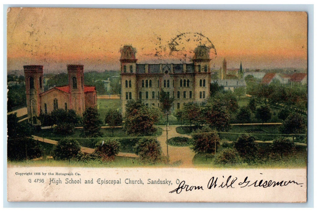 c1910 High School and Episcopal Church Sandusky OH Antique Posted Postcard