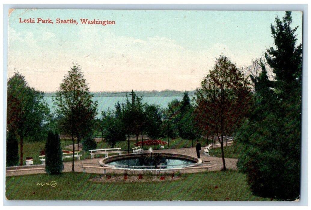 1913 View Of Leshi Park Water Fountain Seattle Washington WA Antique Postcard