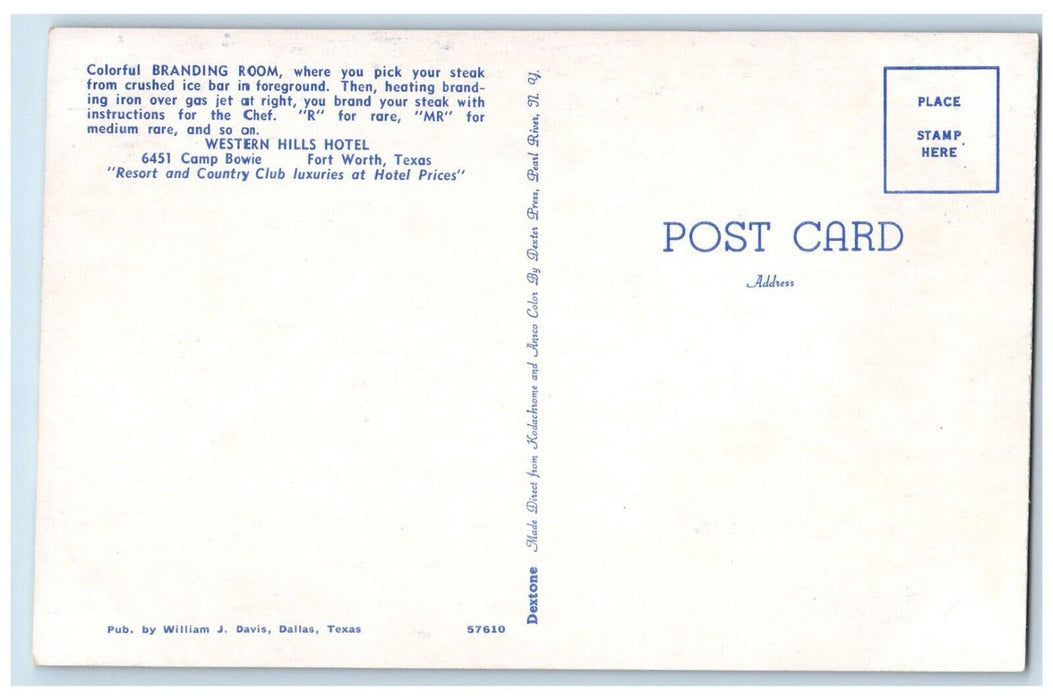 c1950's Branding Room Hills Hotel Interior View Fort Worth Texas TX Postcard