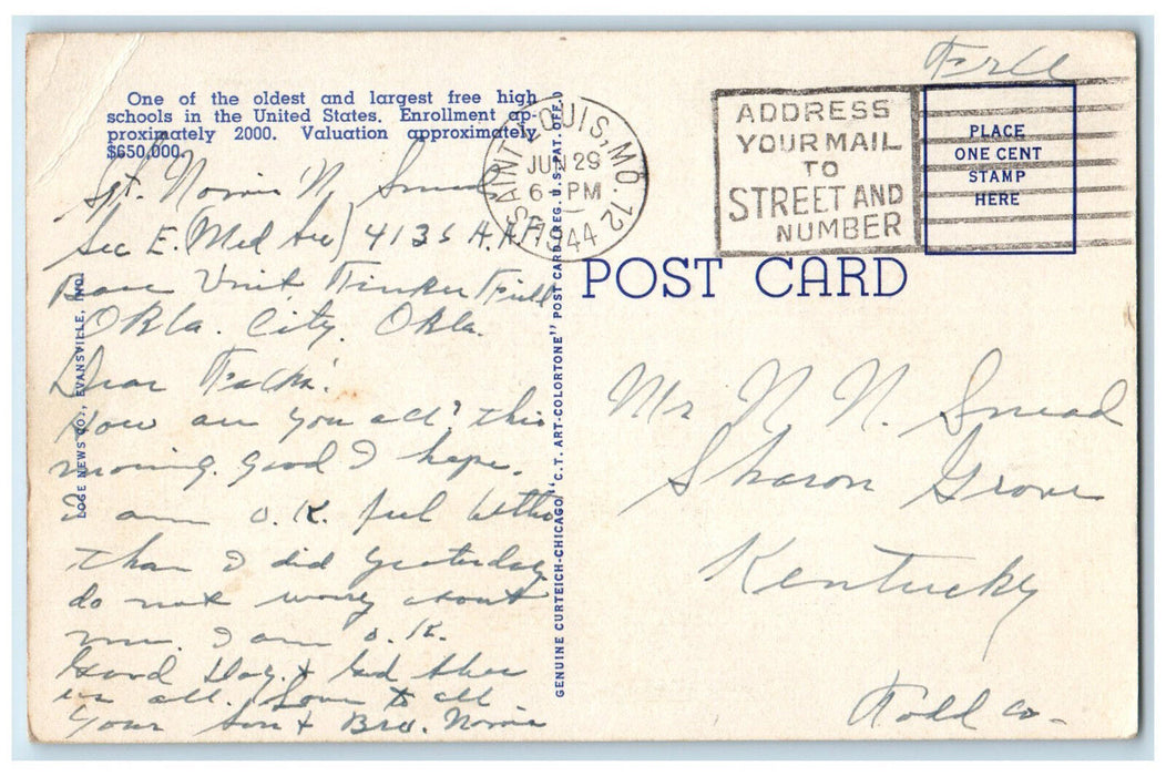 1944 Central High School Evansville Indiana IN Vintage Posted Postcard