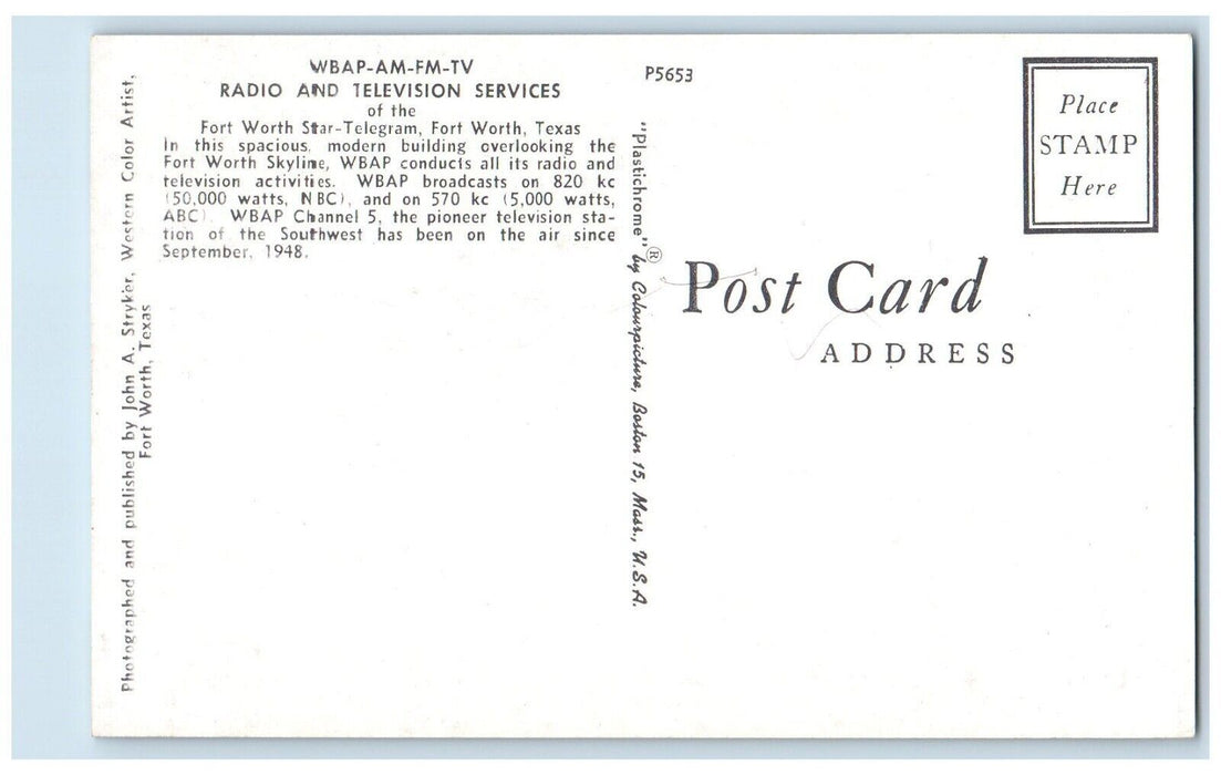 WBAP AM FM TV Fort Worth Star Telegram Racio Television Cars Texas TX Postcard