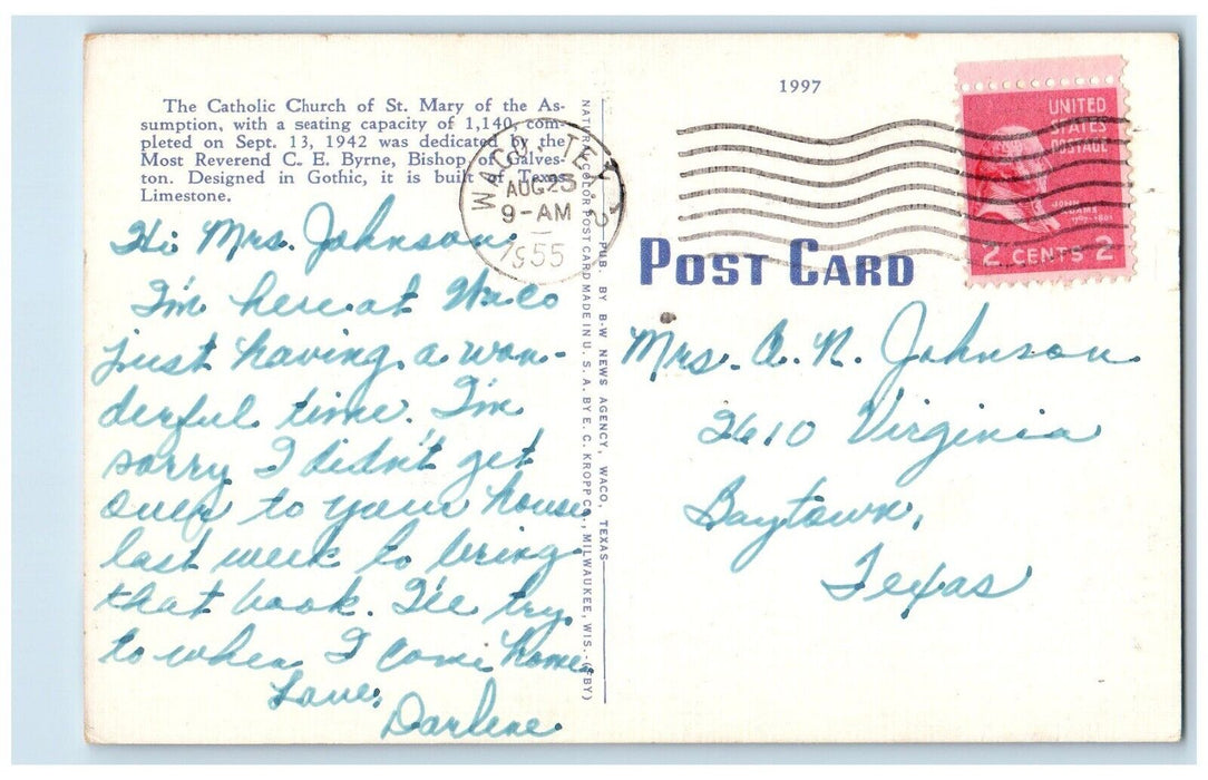 1955 Church Of St. Mary Of The Assumption Waco Texas TX Posted Vintage Postcard