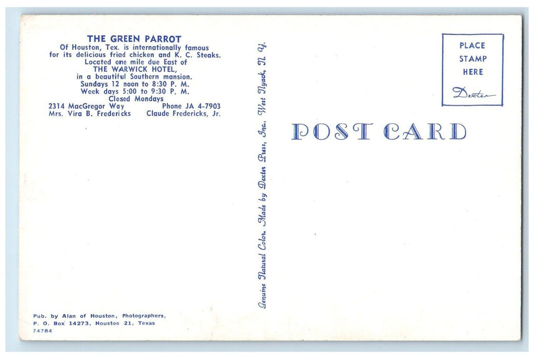 c1950's The Green Parrot Restaurant Houston Texas TX Unposted Vintage Postcard