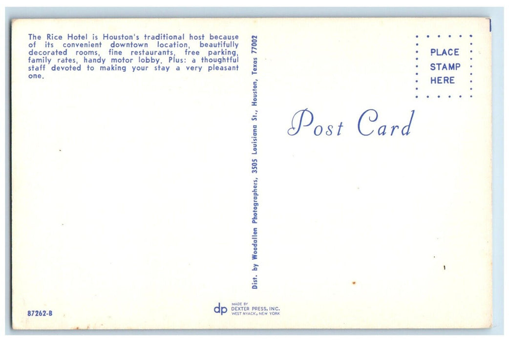 c1950's The Rice Hotel Houston's Traditional Host Texas TX Unposted Postcard