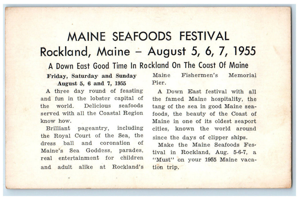1955 Maine Seafoods Festival Rockland Maine ME Vintage Advertising Postcard