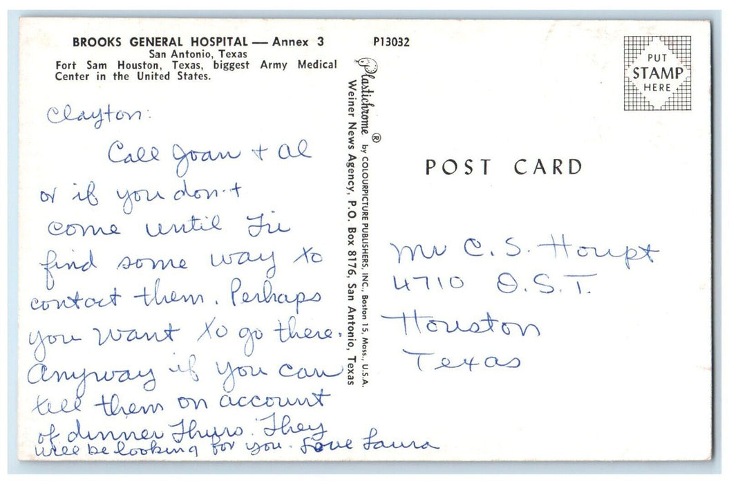 c1950's Brooks General Hospital Annex 3 San Antonio Texas TX Vintage Postcard