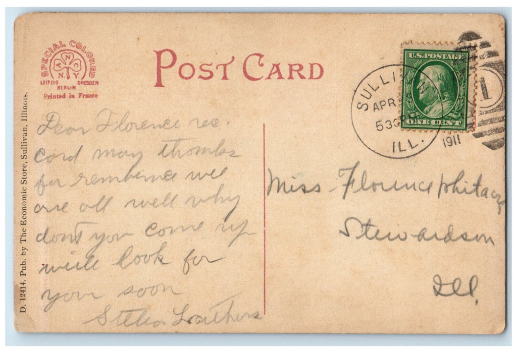 1911 Illinois Masonic Home Sullivan Illinois IL Antique Posted Postcard