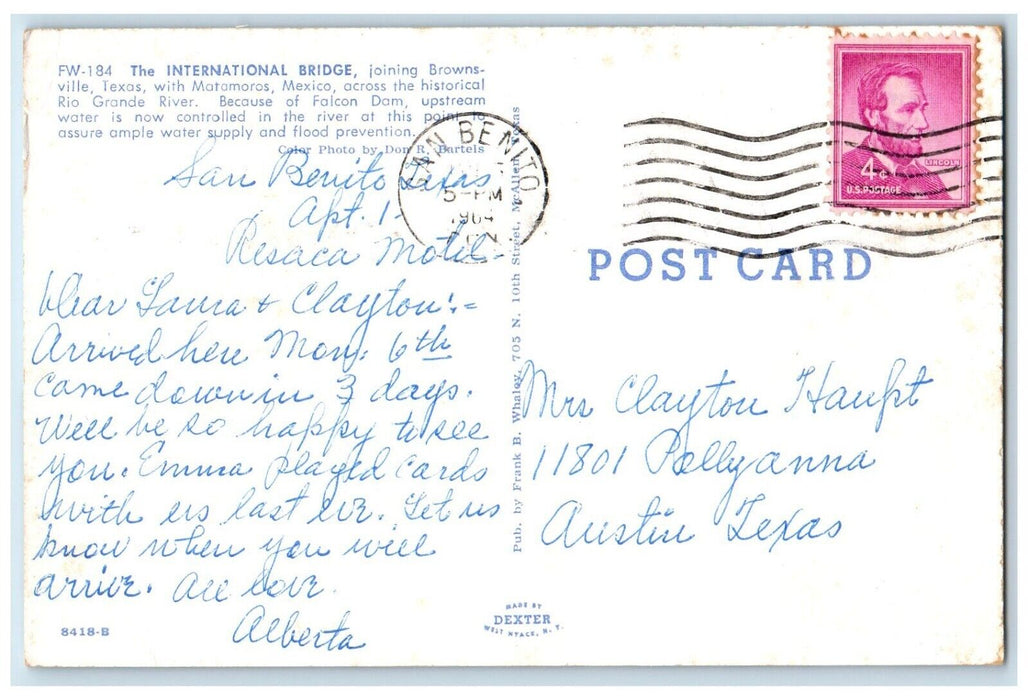 1964 The International Bridge Brownsville San Benito Texas TX Vintage Postcard