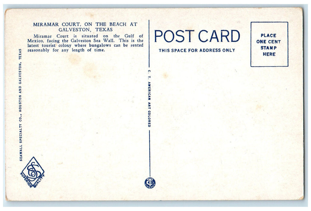 c1930's Miramar Court on the Beach Galveston Texas TX Unposted Postcard