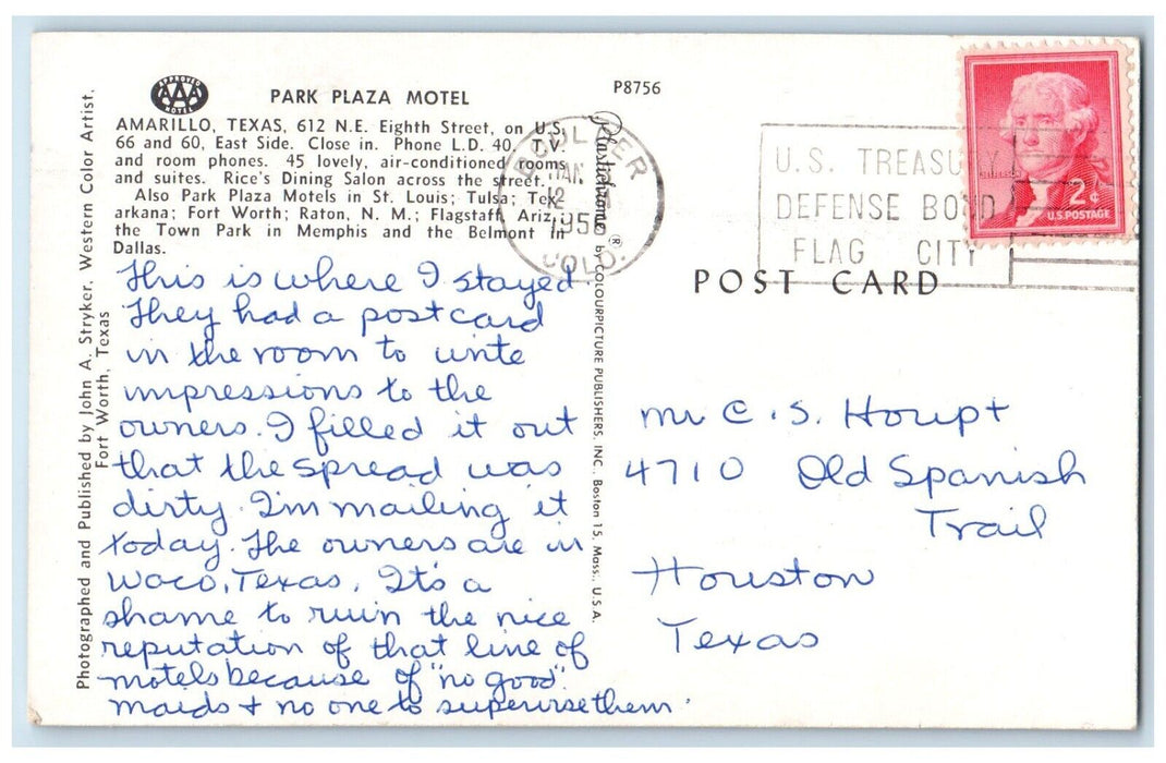 1956 Park Plaza Motel Cars Roadside Amarillo Texas TX, Boulder Colorado Postcard