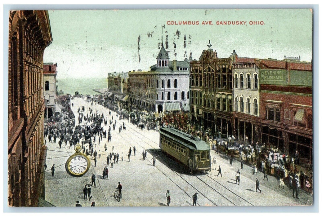 c1910 Columbus Ave Streetcar Trolley Building Sandusky Ohio OH Vintage Postcard