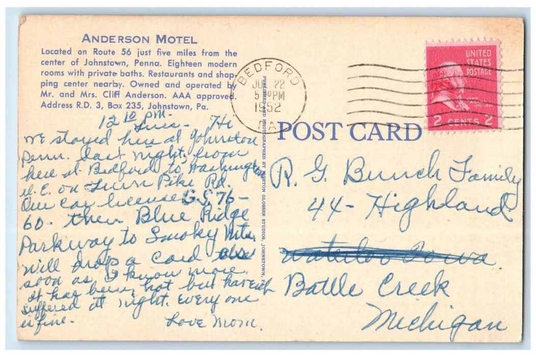 1952 Anderson Motel Route 56 Southeast Johnstown Pennsylvania Antique Postcard
