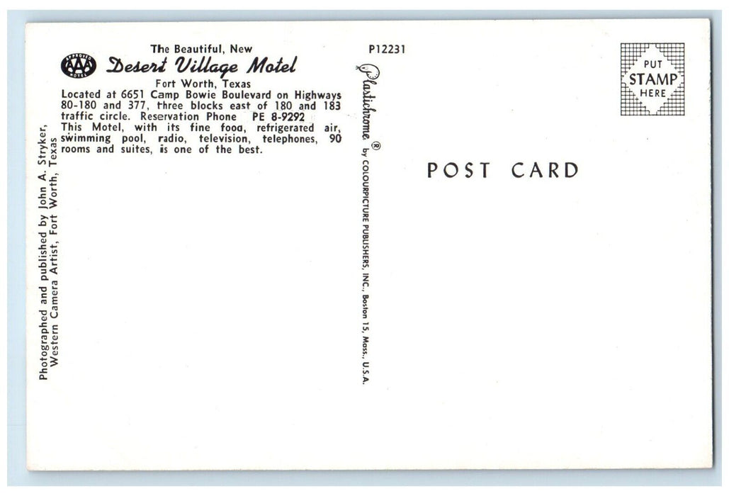 c1950's Desert Village Motel Coffee Shop Cars Fort Worth Texas TX Postcard
