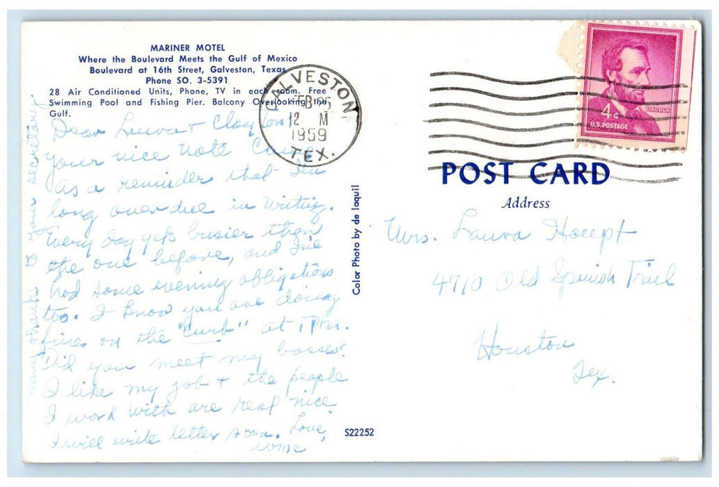 1959 Mariner Motel Swimming Pool Galveston Texas TX Posted Vintage Postcard