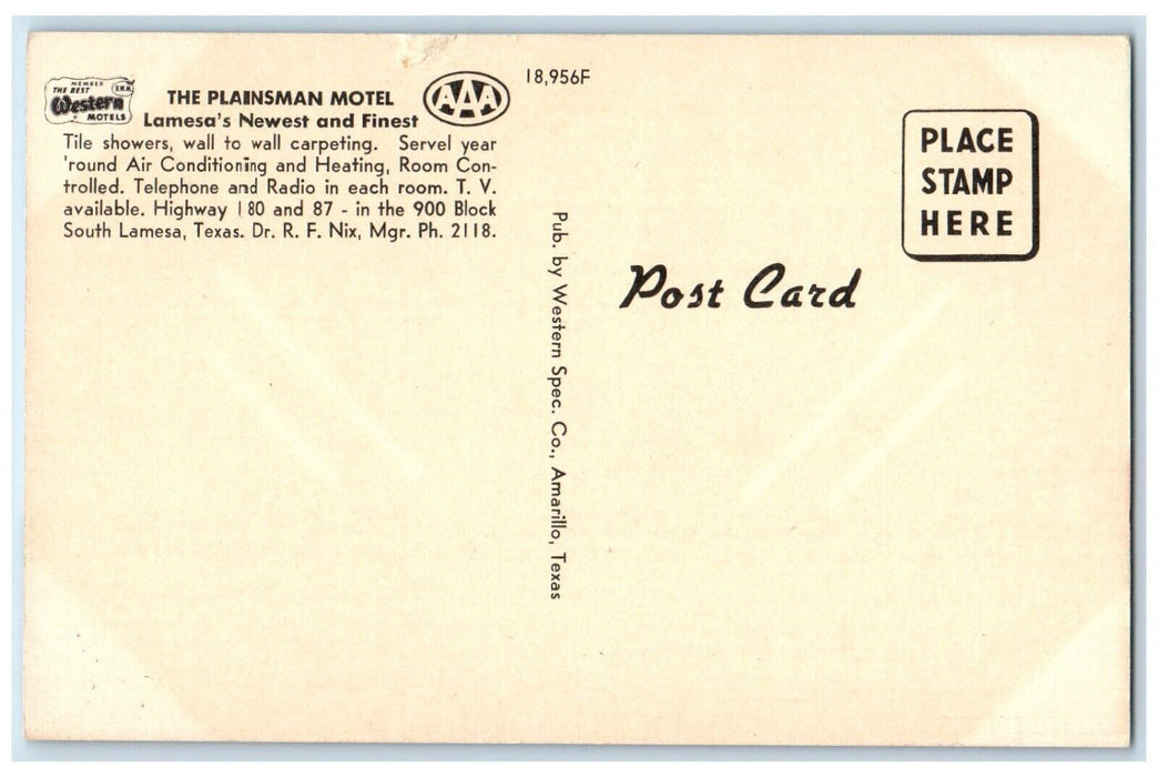 c1960's The Plainsman Motel Car Roadside South Lamesa Texas TX Postcard