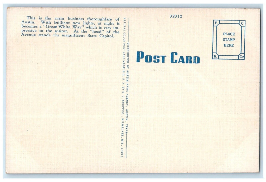 1940 Scenic View Congress Avenue Classic Cars Buildings Austin Texas TX Postcard