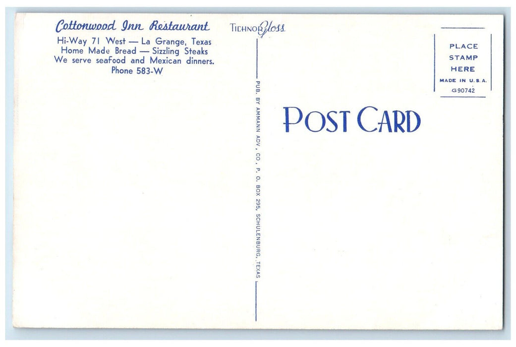 c1960's Cottonwood Inn Restaurant Roadside La Grange Texas TX Vintage Postcard