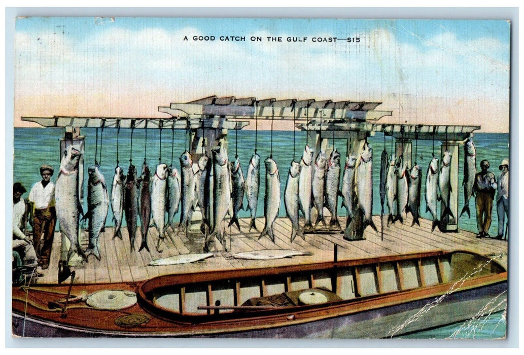 c1940 Good Catch Fishing Gulf Coast Texas TX Vintage Unposted Antique Postcard