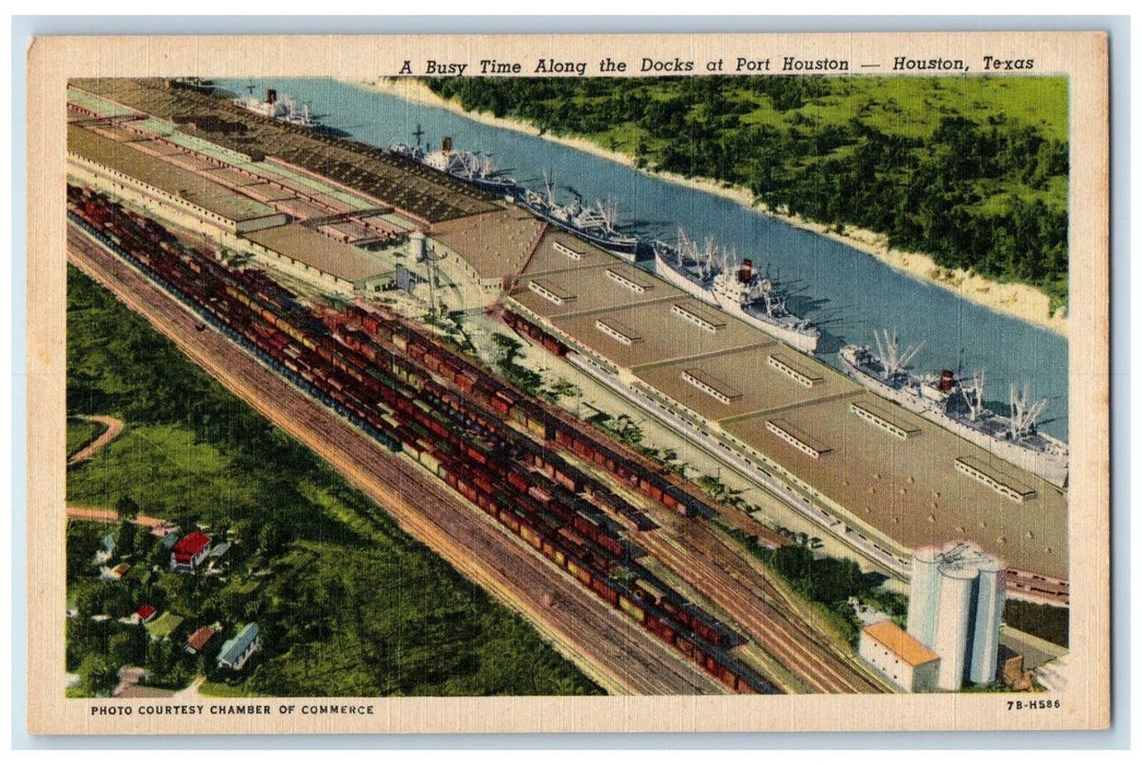 c1930's Busy Time Along The Docks At Port Houston Cars Houston TX Postcard
