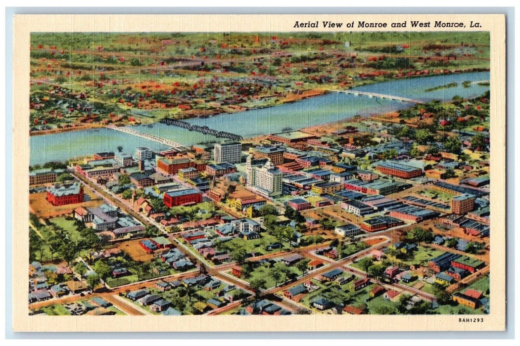 c1940 Aerial View Monroe Exterior Building Bridge West Monroe Louisiana Postcard