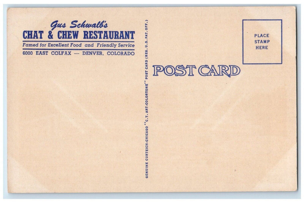 Gus Schwalb's Chat & Chew Restaurant Steak Barb B Que Cars Denver CO Postcard