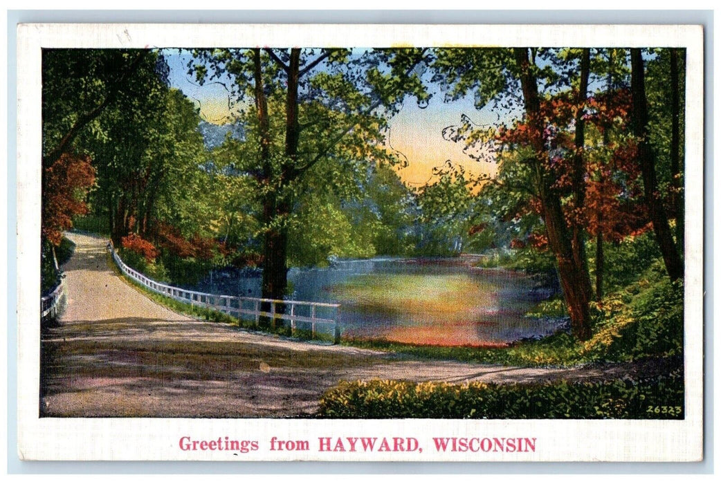 1935 Greetings From River Lake Bridge Road Hayward Wisconsin WI Vintage Postcard