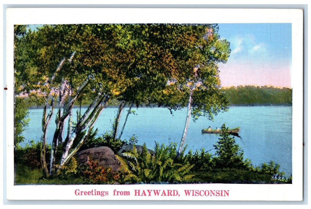 c1940 Greetings From Canoe Boat River Lake Hayward Wisconsin WI Vintage Postcard