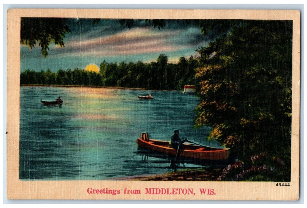 1941 Greetings From Night Moonlight Moon Canoe Boat Middleton Wisconsin Postcard