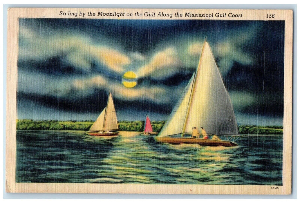 c1940 Sailing Moonlight Gulf Along Mississippi Gulf Coast Moon Night MS Postcard