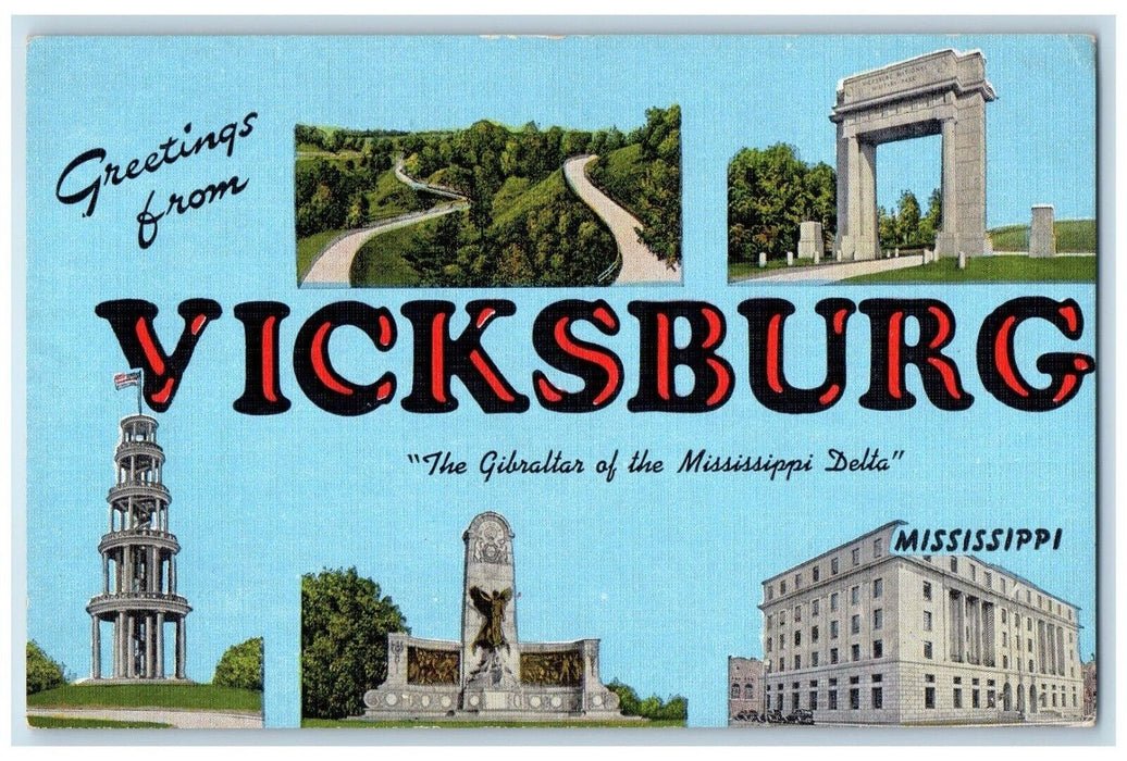 c1940 Greetings From Vicksburg Gibraltar Mississippi Delta MS Multiview Postcard