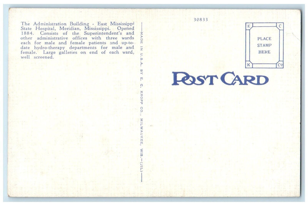c1940 East Mississippi State Hospital Exterior Meridian Mississippi MS Postcard