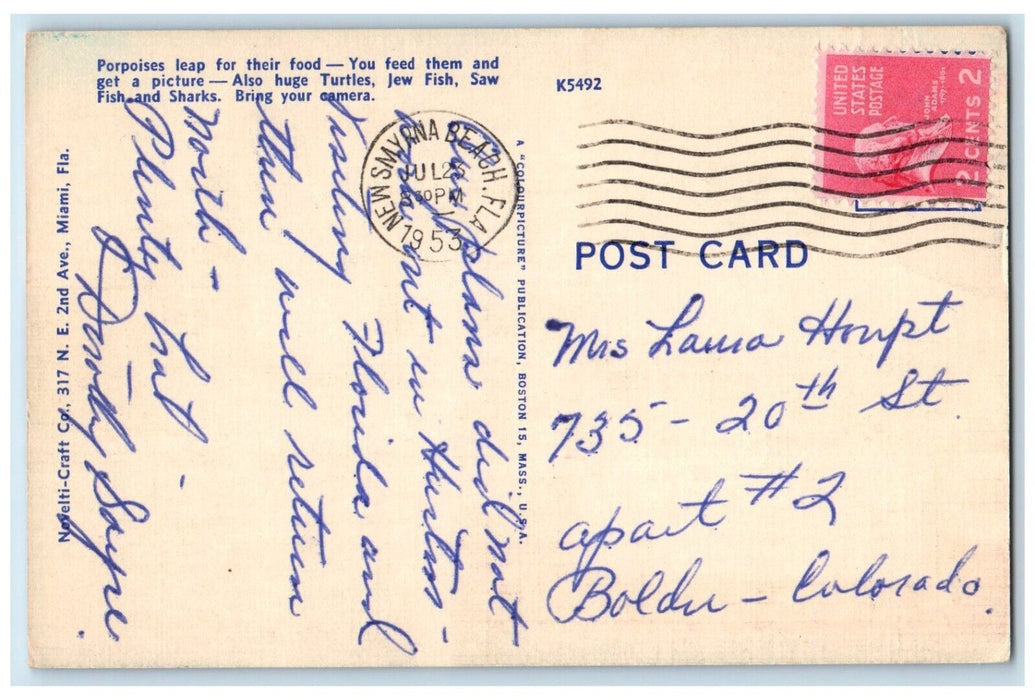 1953 Theater Sea Islamorada Florida Keys Porpoises Leap Miami Florida Postcard