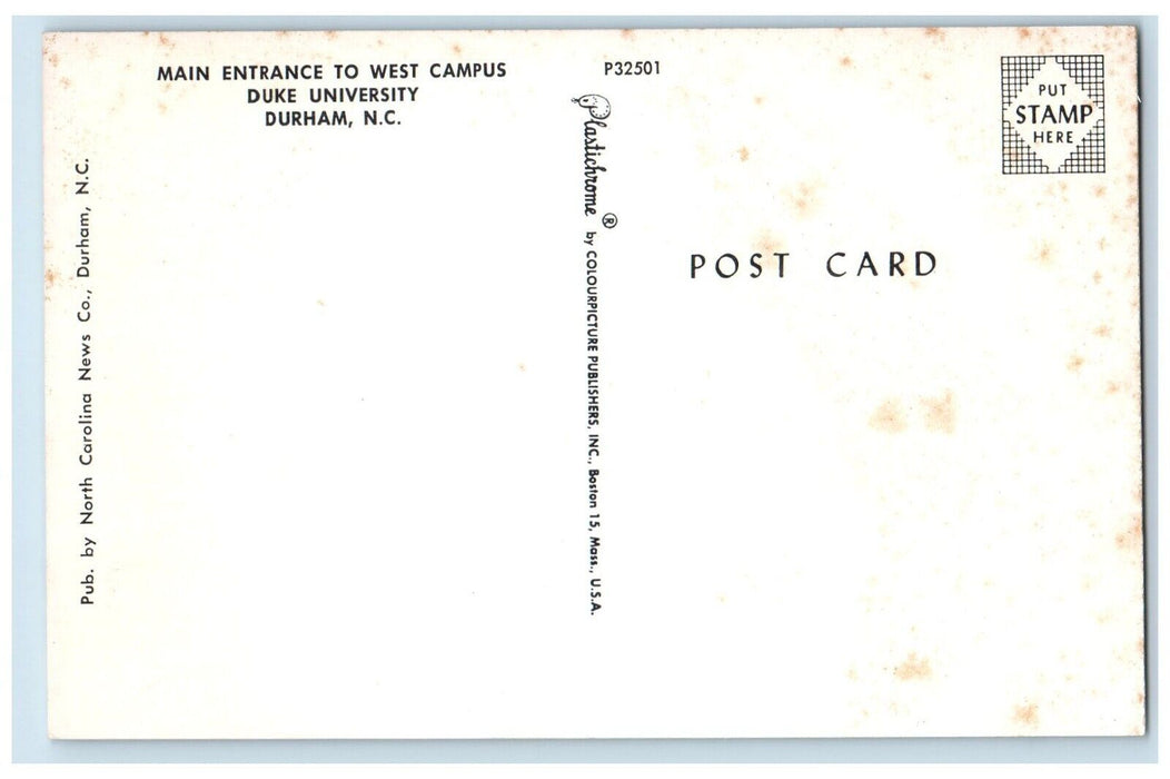 c1960 Main Entrance West Campus Duke University Durham North Carolina Postcard